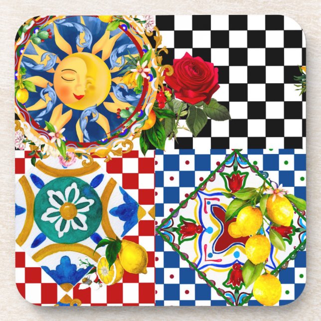 sizilianische Sonne, Zitrone, mediterrane Fliesen, Getränkeuntersetzer (Vorderseite)
