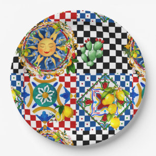 sizilianische Sonne, Zitrone, mediterrane Fliesen, Pappteller