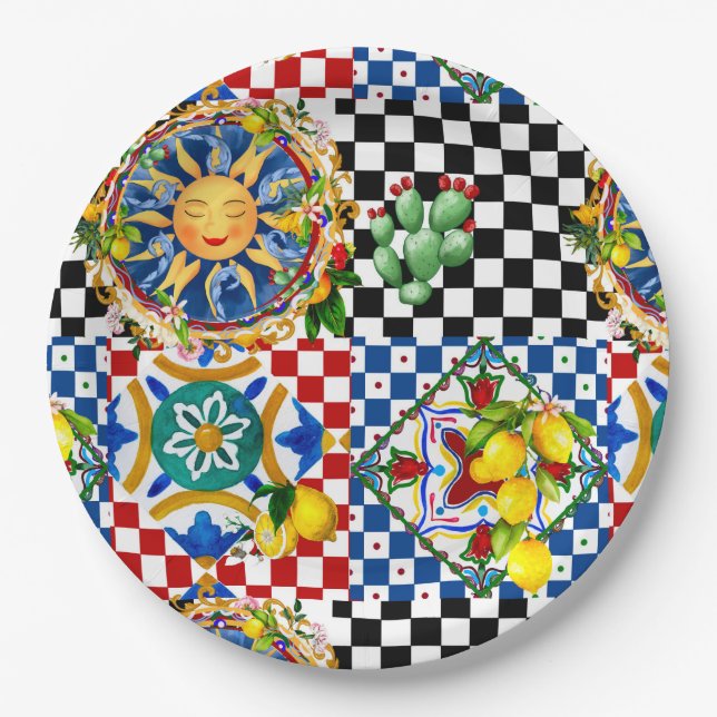 sizilianische Sonne, Zitrone, mediterrane Fliesen, Pappteller (Vorderseite)