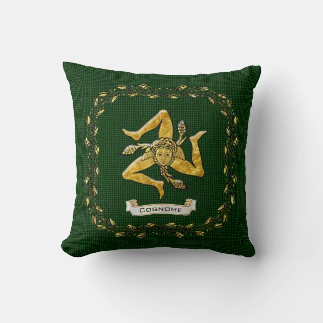 Sizilianische Trinacria olivgrüne Kranz-Leinwand Kissen (Vorderseite)