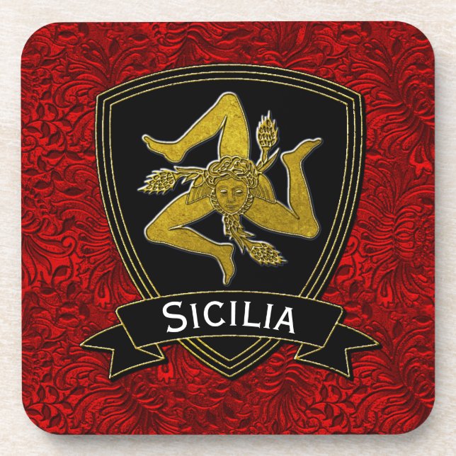 Sizilianische Trinacria schwarze Goldrot-Folie Untersetzer (Vorderseite)