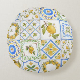 Sizilianische Zitronen Aquarell-Quadratmuster Rundes Kissen