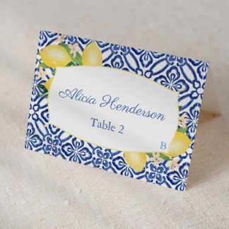 Sizilianische Zitronen Blaue Fliesen Hochzeitsplat Tischnummer