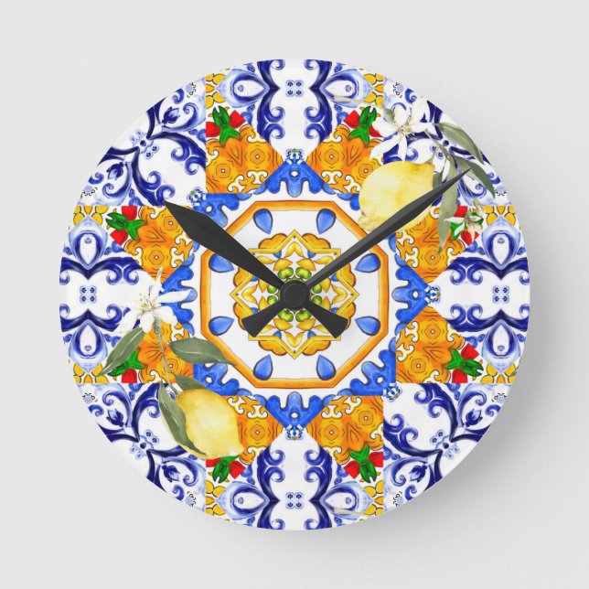 sizilianischer Stil, Zitronen, Majolika Runde Wanduhr (Vorderseite)