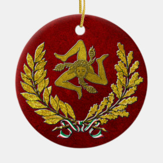 Sizilianischer Trinacria Heirloom im Gold auf Rot Keramik Ornament