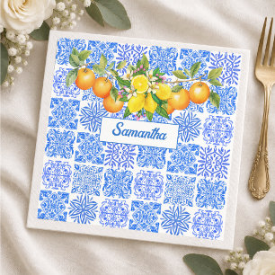 Sizilianisches Blau Gelb Zitrus Mittelmeer-Azulejo Serviette