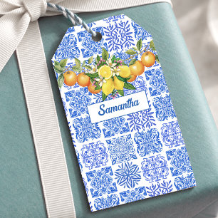 Sizilianisches Blau Gelbes Azulejo-Zitrusmotiv Geschenkanhänger
