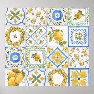 Sizilianisches Lemons Watercolor Square Muster Poster