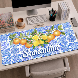 Sizilianisches Mittelmeer-Azulejo Blau Gelb Zitron Schreibtischunterlage