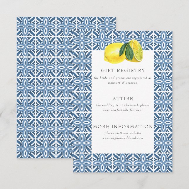 Sizilianisches Mittelmeer Blue Tiles Lemon Wedding Begleitkarte (Vorne/Hinten)