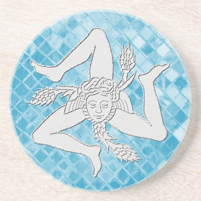 Sizilianisches Trinacria auf blauem Mosaik Sandstein Untersetzer (Vorne)