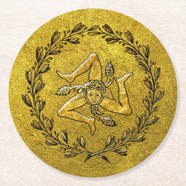 Sizilianisches Trinacria olivgrünes Kranz-Gold Runder Pappuntersetzer (Vorderseite)