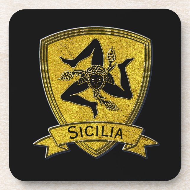 Sizilianisches Trinacria Schwarzes u. Gold Getränkeuntersetzer (Vorderseite)