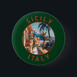 Sizilien Italien Retro Distressed Circle Button<br><div class="desc">Sizilien Retro Vektor Reise Design. Sizilien,  die größte Mittelmeerinsel,  liegt direkt vor dem "Zeh" des italienischen "Stiefels". Seine reiche Geschichte spiegelt sich in Orten wie dem Tal der Tempel wider.</div>