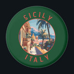 Sizilien Italien Retro Distressed Circle Magnet<br><div class="desc">Sizilien Retro Vektor Reise Design. Sizilien,  die größte Mittelmeerinsel,  liegt direkt vor dem "Zeh" des italienischen "Stiefels". Seine reiche Geschichte spiegelt sich in Orten wie dem Tal der Tempel wider.</div>