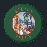 Sizilien Italien Retro Distressed Circle Magnet<br><div class="desc">Sizilien Retro Vektor Reise Design. Sizilien,  die größte Mittelmeerinsel,  liegt direkt vor dem "Zeh" des italienischen "Stiefels". Seine reiche Geschichte spiegelt sich in Orten wie dem Tal der Tempel wider.</div>