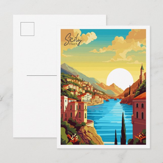Sizilien Italien Vintage Reise Illustration Postkarte (Vorne/Hinten)