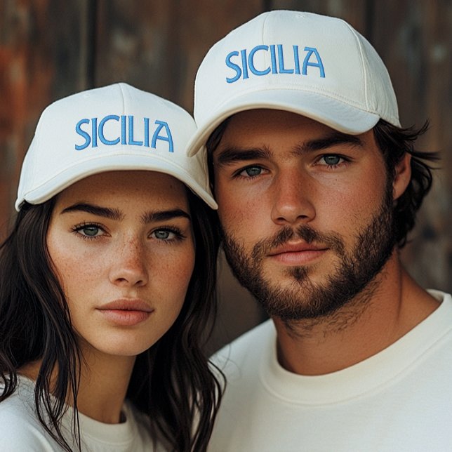 Sizilien (oder Sicily) Weiße Mütze mit blauer Stic Bestickte Baseballkappe (Sicilia or Sicily Blue Embroidery on white cap Sicilian heritage gift for him, gift for her)