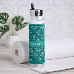 Skandi-Blumen-Skalopte Aqua Türkis Personalisierte Trinkflasche