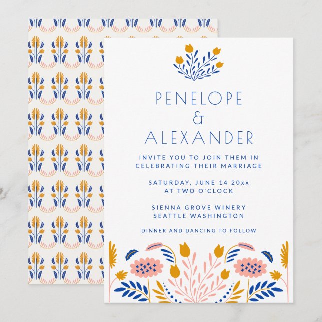Skandi Folk Blume in blauer und gelber Hochzeit Einladung (Vorne/Hinten)
