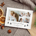 Skandi Trees | Moderne Minimalistische FotoCollage Feiertagskarte<br><div class="desc">Unsere Skandi Trees Foto Collage Card ist ein modernes,  aber festliches Urlaubskarten-Design mit minimalistischem Ambiente. 5 quadratische Fotos mit "Season's Greetings" in handgezeichneten Schriftzeichen. Personalisieren Sie mit Ihrem Familiennamen und dem Jahr,  eingebettet in eine Gruppe von handgezogenen Kiefern.</div>
