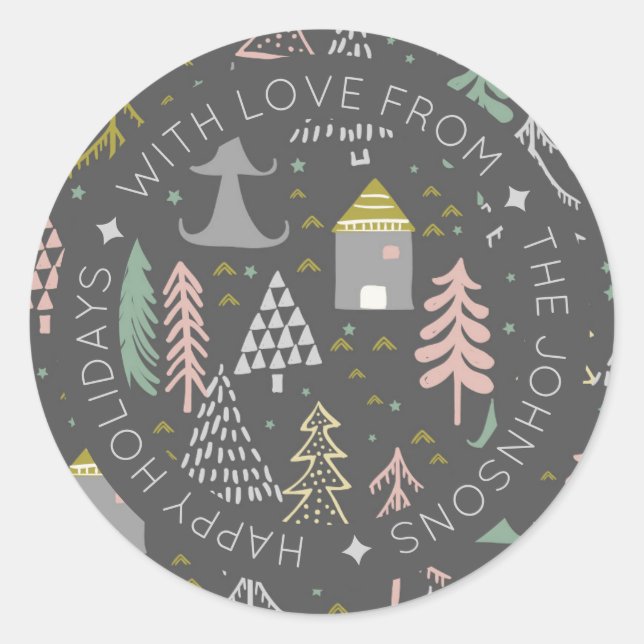 Skandinavien Doodle Weihnachtsdorf Personalisiert Runder Aufkleber (Vorderseite)
