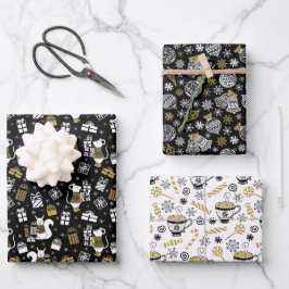 Skandinavien Winter Weihnachten Gold und Schwarzwa Geschenkpapier Set