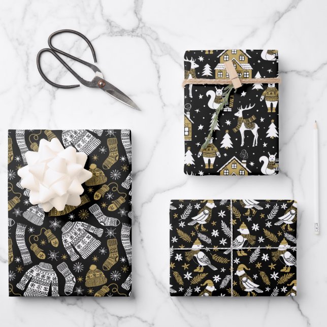 Skandinavien Winter Weihnachten Gold und Schwarzwa Geschenkpapier Set (Vorderseite)