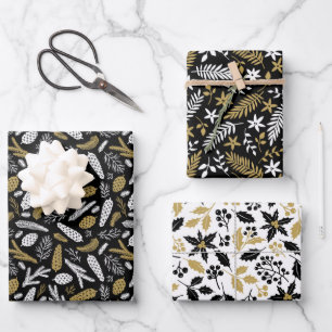 Skandinavien Winter Weihnachten Gold und Schwarzwa Geschenkpapier Set