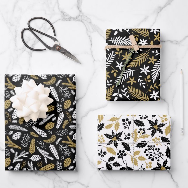 Skandinavien Winter Weihnachten Gold und Schwarzwa Geschenkpapier Set (Vorderseite)