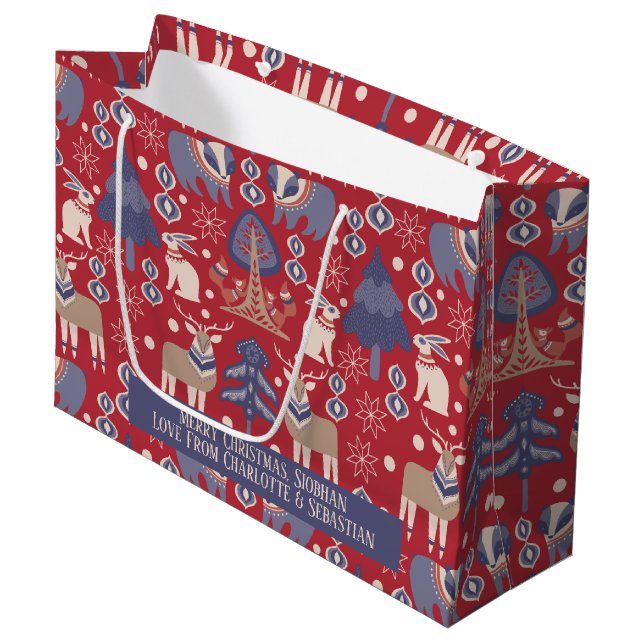 Skandinavien Woodland Personalisiert Weihnachten Große Geschenktüte (Vorderseite Schrägansicht)