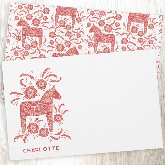 Skandinavier Dala Rotes Personalisiert Briefpapier (Red and white Swedish Dala Horse personalized custom name stationery)