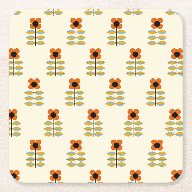 Skandinavier-inspiriertes orange Blumenmuster Rechteckiger Pappuntersetzer (Vorderseite)