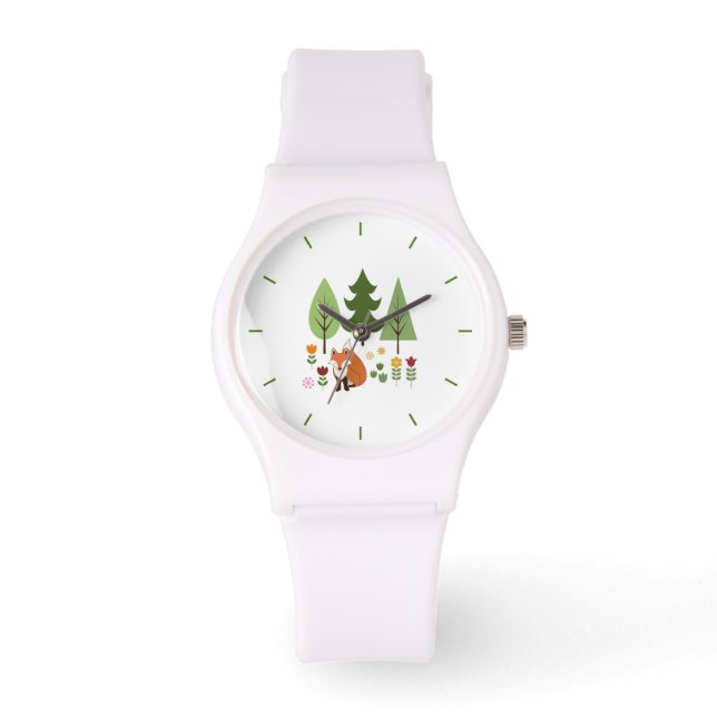 Skandinavier Stil Fox Blume Bäume Illustration Armbanduhr (Vorderseite)