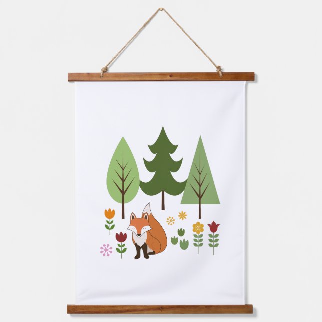 Skandinavier Stil Fox Blume Bäume Illustration Wandteppich Mit Holzrahmen (Vorderseite)