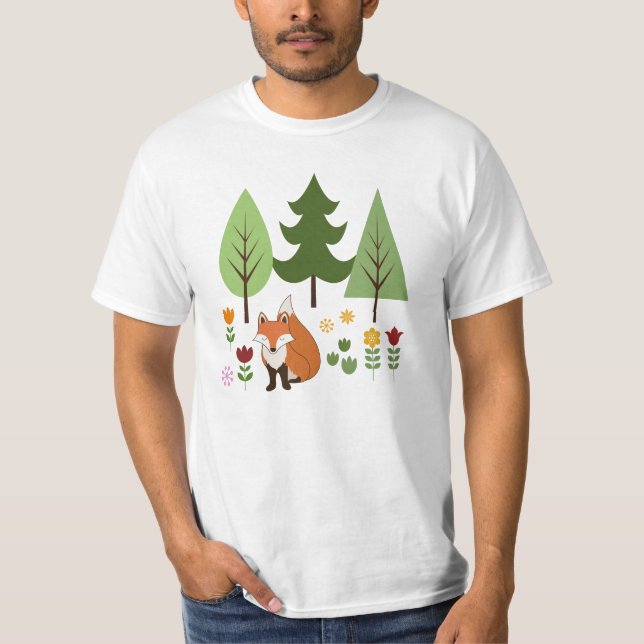 Skandinavier Style Fox Blume Tree Illustration T-Shirt (Vorderseite)