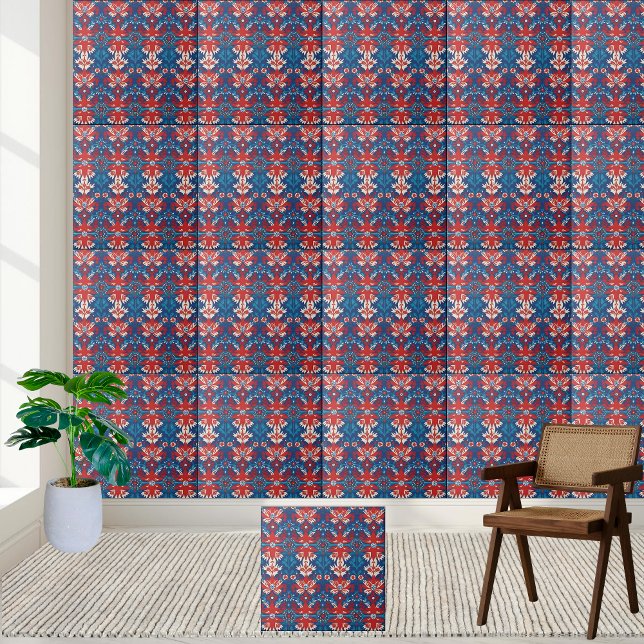 Skandinavier Tile Fliese (Nordic Red and Blue Floral Scandinavian Tile)