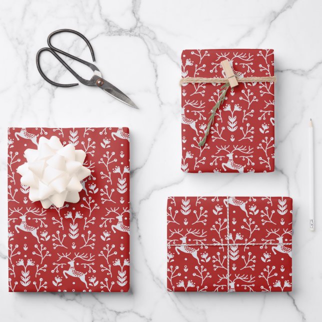 Skandinavier Weißer Rentier Weihnachten Geschenkpapier Set (Vorderseite)
