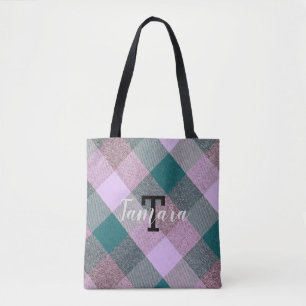 Skandinavisch Teal Pink Kariert Monogramm Name Tasche