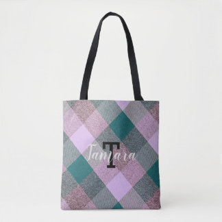 Skandinavisch Teal Pink Kariert Monogramm Name Tasche