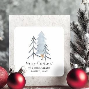 Skandinavische Aquarell-Weihnachts-Winterbäume Quadratischer Aufkleber