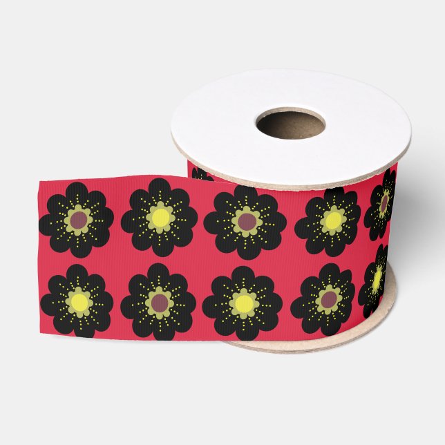 Skandinavische Blume Schwarz Rot Ripsband (Spule)
