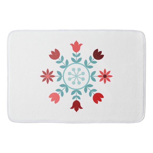 Skandinavische Blume Teals & Reds Wheel Badematte (Vorderseite)