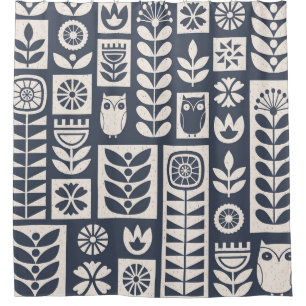 Skandinavische Flora: Weiß, blau, Minimalistisch. Duschvorhang