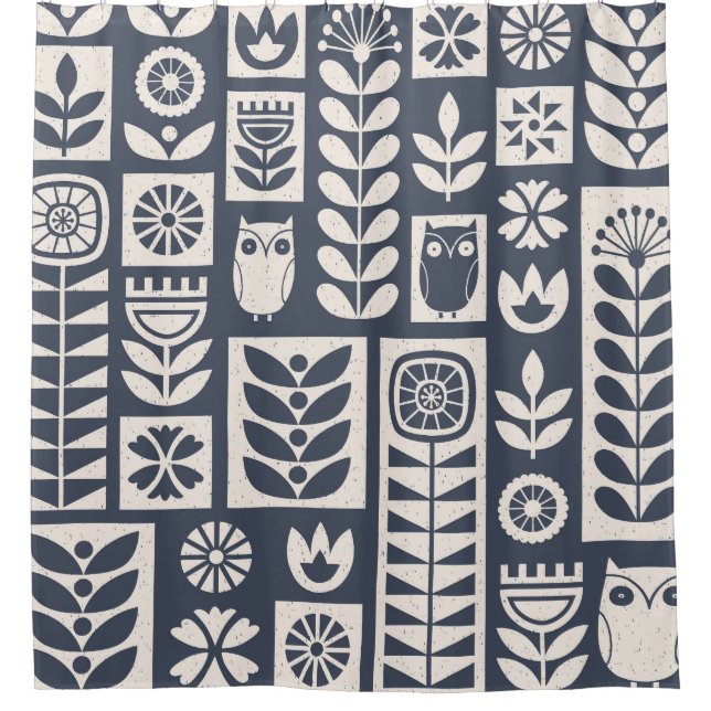 Skandinavische Flora: Weiß, blau, Minimalistisch. Duschvorhang (Vorderseite)