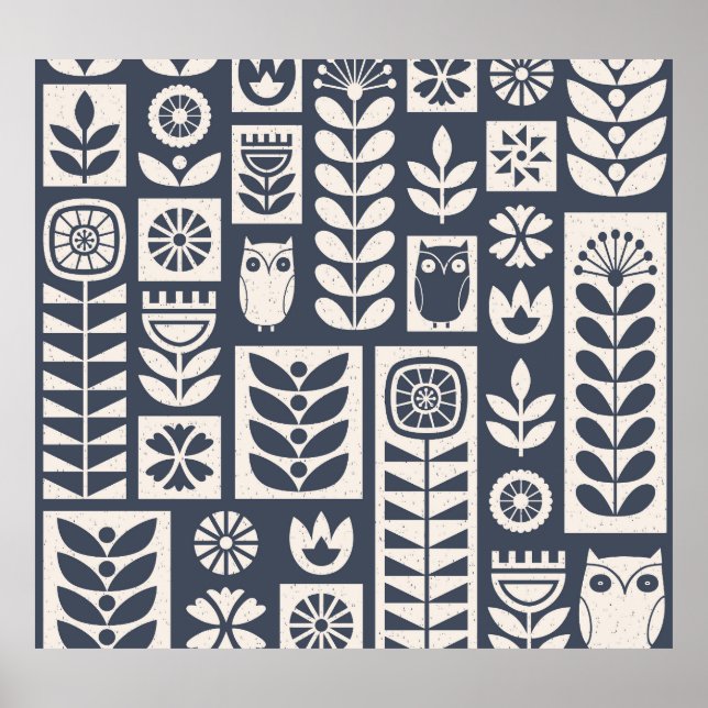Skandinavische Flora: Weiß, blau, Minimalistisch. Poster (Vorne)