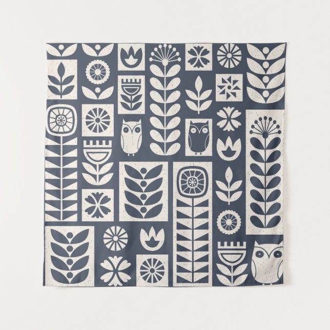 Skandinavische Flora: Weiß, blau, Minimalistisch. Wandteppich (Vorderseite)