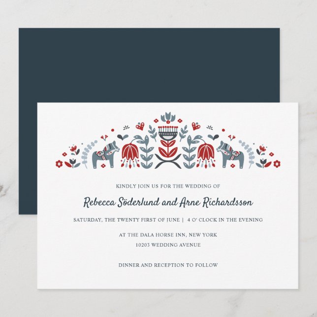 Skandinavische Folk Art Dala Blume Hochzeit Einladung (Vorne/Hinten)