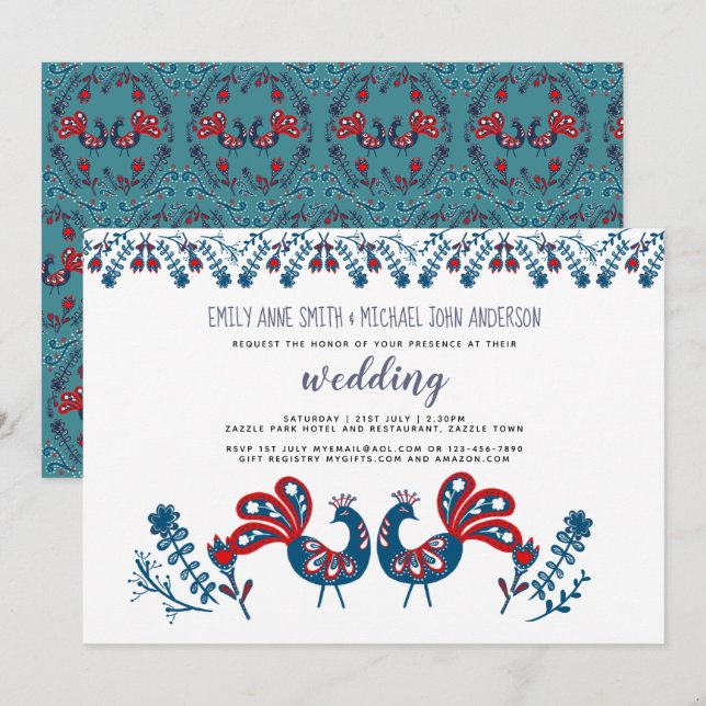 Skandinavische Folk Art WEDING Einladung Vögel (Vorne/Hinten)