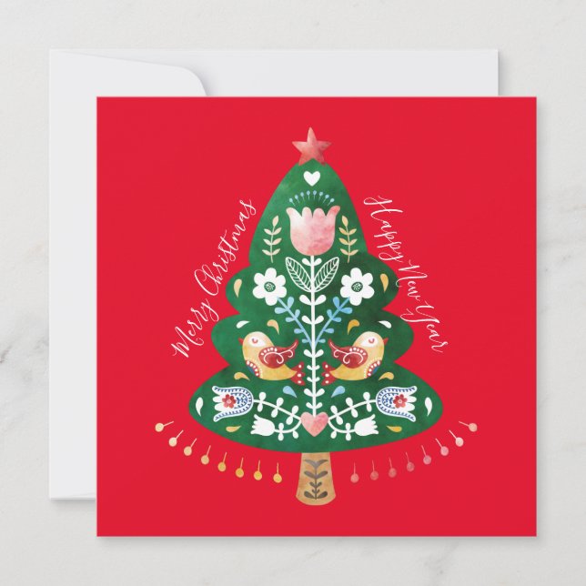 Skandinavische Folk Art Weihnachtsbaum Flachkarte (Vorderseite)
